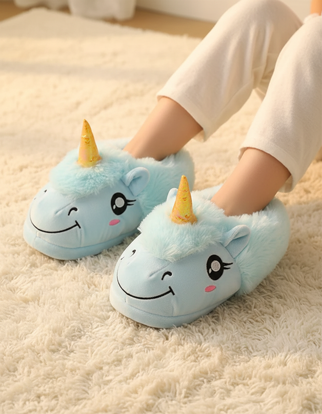 blue unicorn slippers - in-use