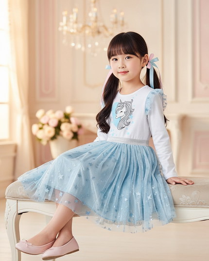 blue unicorn star tutu dress - sitting