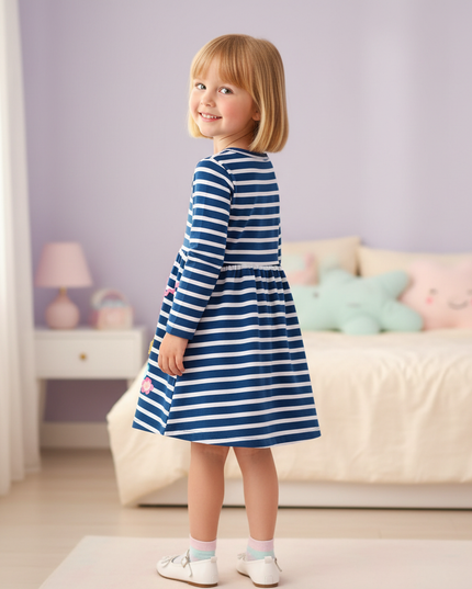 blue unicorn stripe applique dress - back