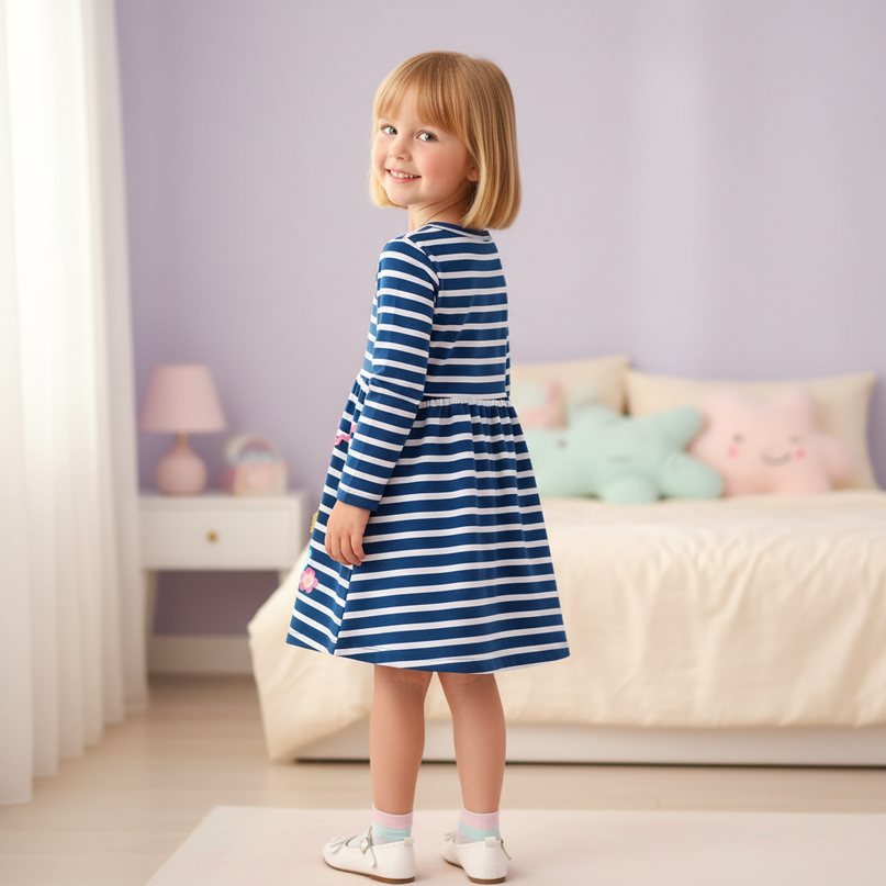 blue unicorn stripe applique dress - back