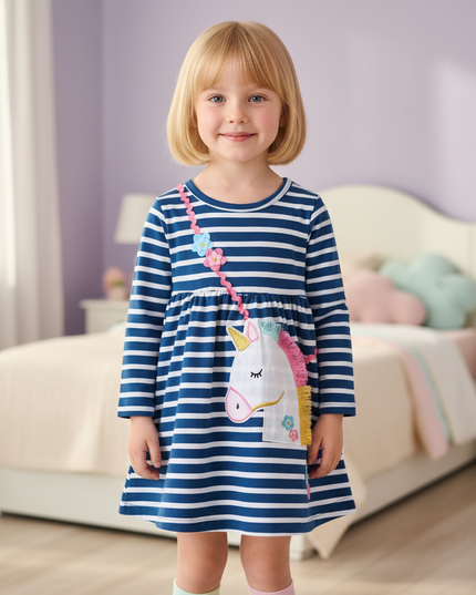 blue unicorn stripe applique dress - detail