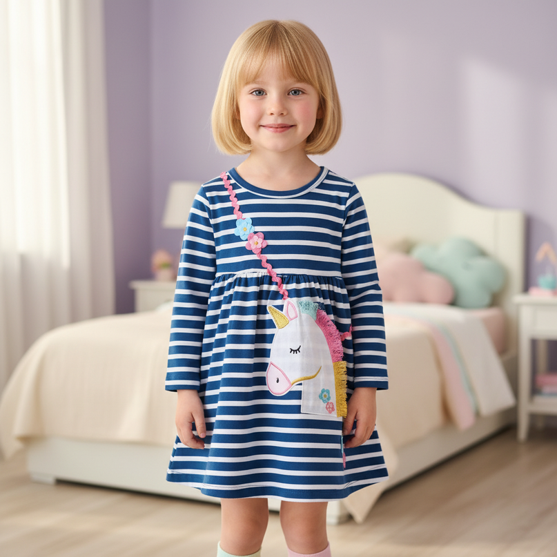 blue unicorn stripe applique dress - detail