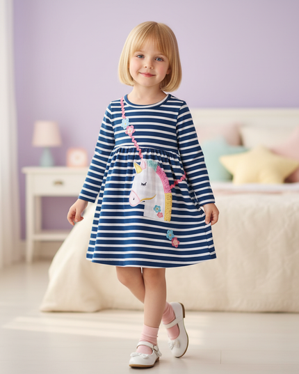 blue unicorn stripe applique dress - front