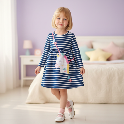blue unicorn stripe applique dress - front