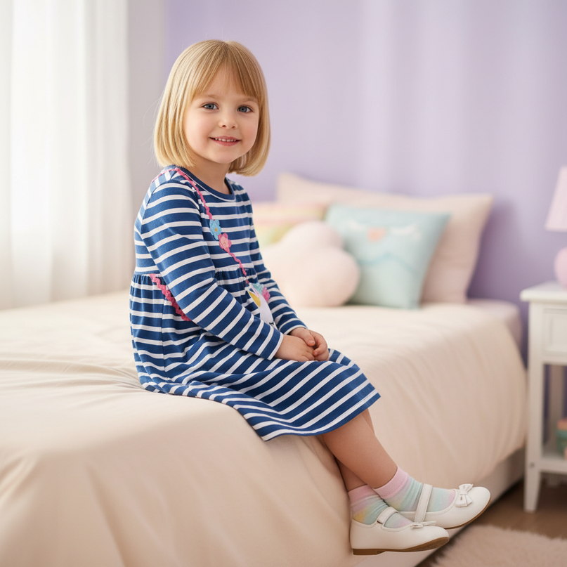 blue unicorn stripe applique dress - sitting