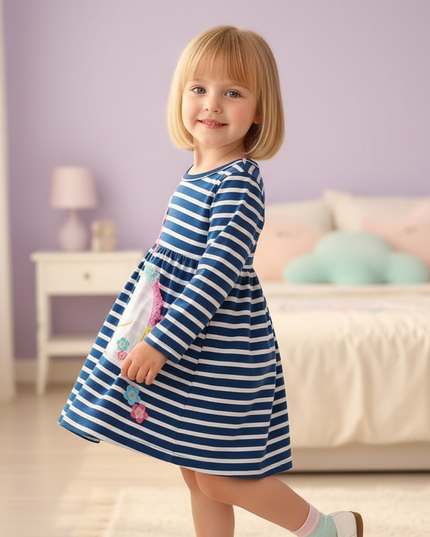 blue unicorn stripe applique dress - three-quarter