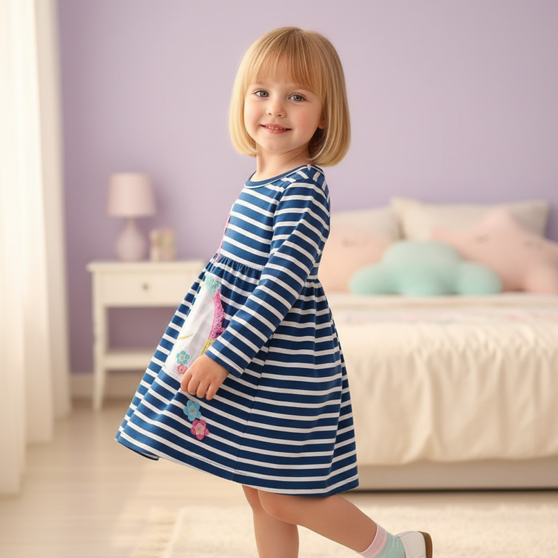 blue unicorn stripe applique dress - three-quarter