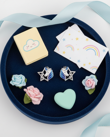 blue unicorn stud earrings - flat-lay