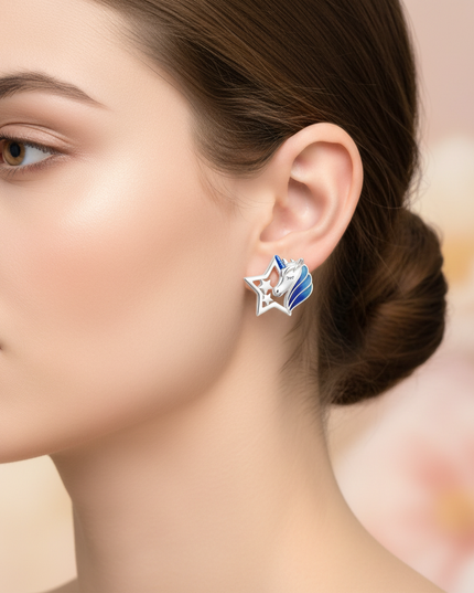 blue unicorn stud earrings - in-use