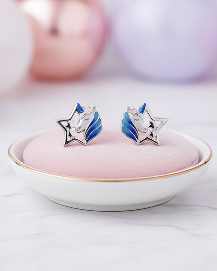 blue unicorn stud earrings - lifestyle