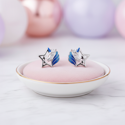 blue unicorn stud earrings - lifestyle