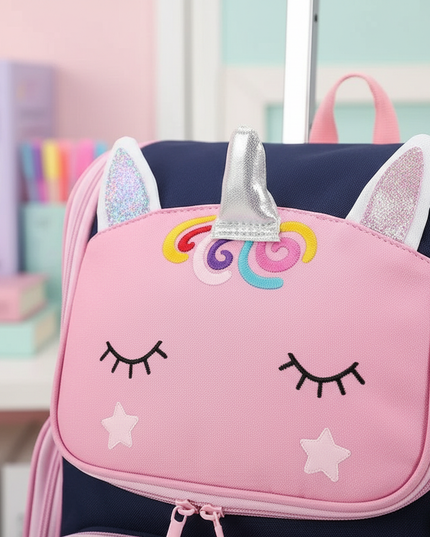 blue unicorn trolley school backpack - detail