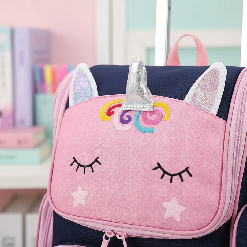 blue unicorn trolley school backpack - detail