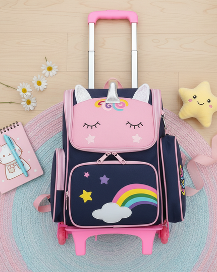 blue unicorn trolley school backpack - flat-lay