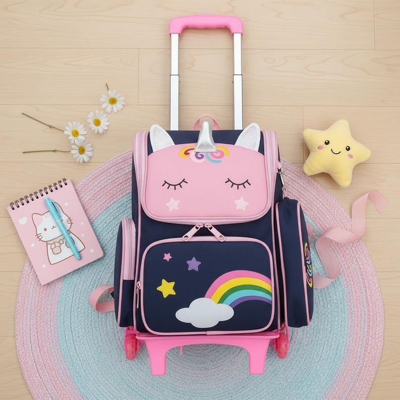 blue unicorn trolley school backpack - flat-lay