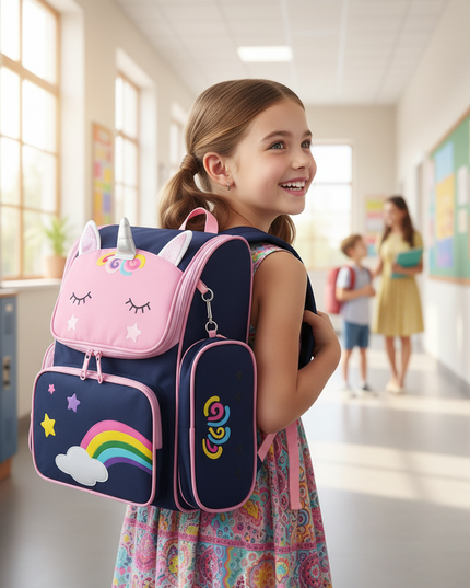 blue unicorn trolley school backpack - in-use