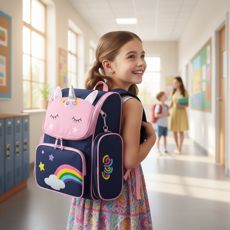 blue unicorn trolley school backpack - in-use