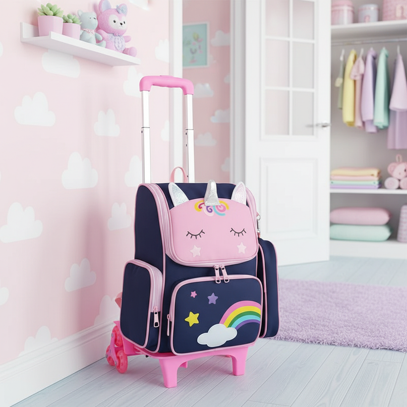 blue unicorn trolley school backpack - lifestyle
