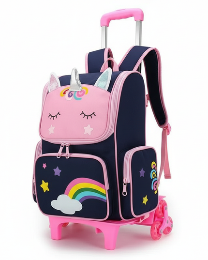blue unicorn trolley school backpack - white-bg
