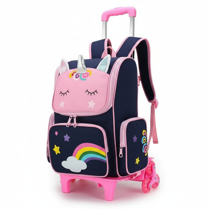 blue unicorn trolley school backpack - white-bg