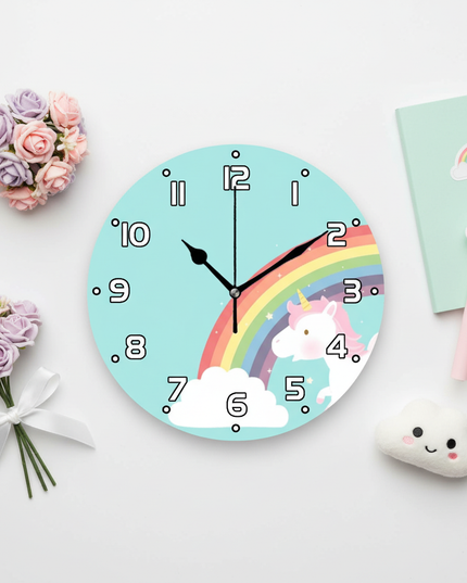blue unicorn wall clock - flat-lay