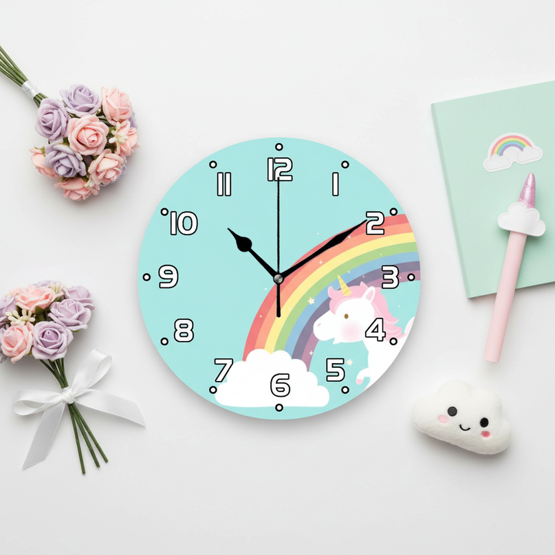 blue unicorn wall clock - flat-lay