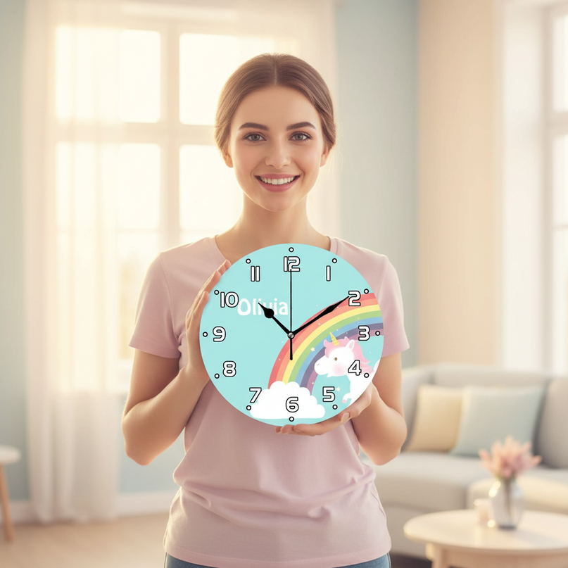 blue unicorn wall clock - in-use