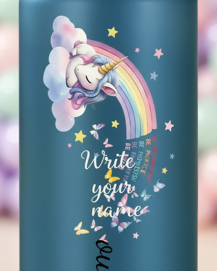 blue unicorn water bottle - detail