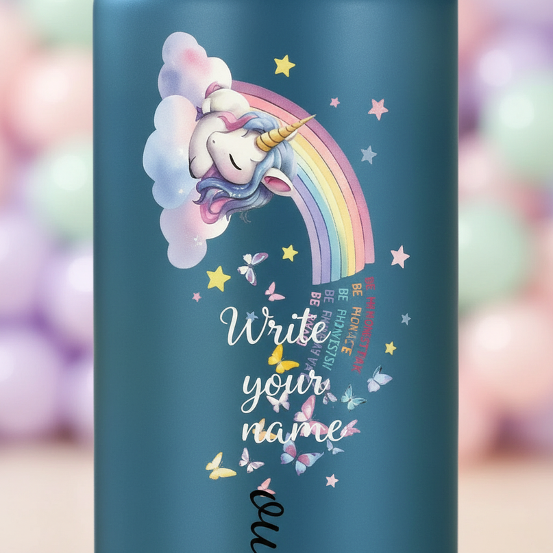 blue unicorn water bottle - detail