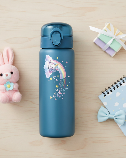 blue unicorn water bottle - flat-lay