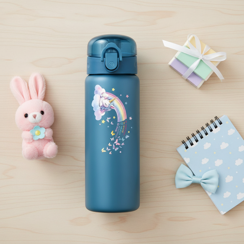 blue unicorn water bottle - flat-lay
