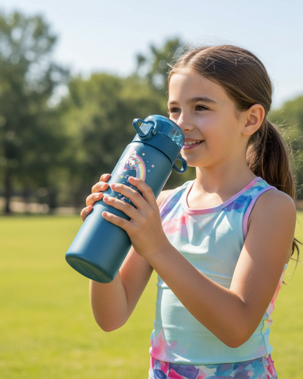 blue unicorn water bottle - in-use