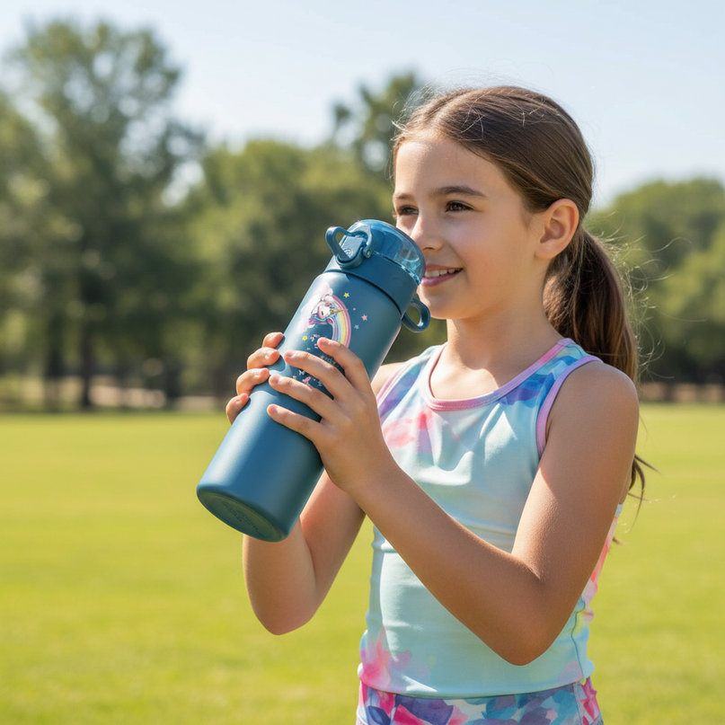 blue unicorn water bottle - in-use