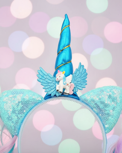 blue unicorn wig headband - detail