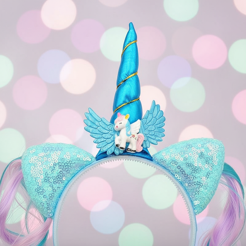 blue unicorn wig headband - detail