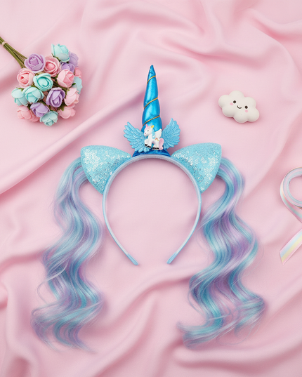 blue unicorn wig headband - flat-lay