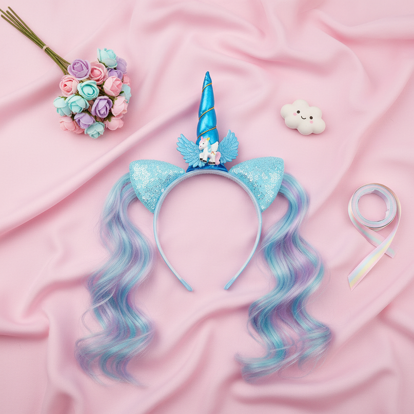 blue unicorn wig headband - flat-lay