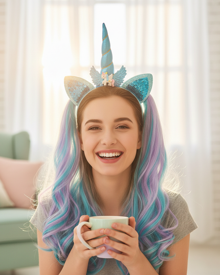 blue unicorn wig headband - in-use
