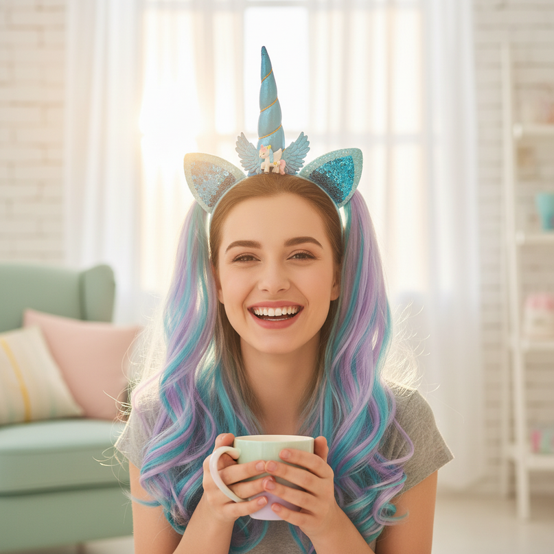 blue unicorn wig headband - in-use