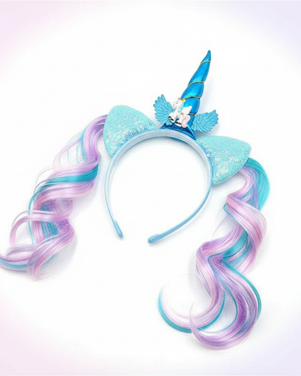 blue unicorn wig headband - white-bg