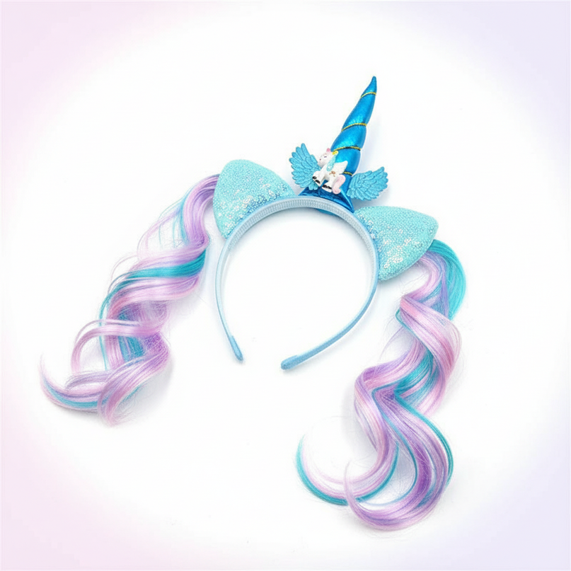 blue unicorn wig headband - white-bg