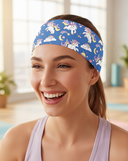 blue unicorn workout headband - in-use