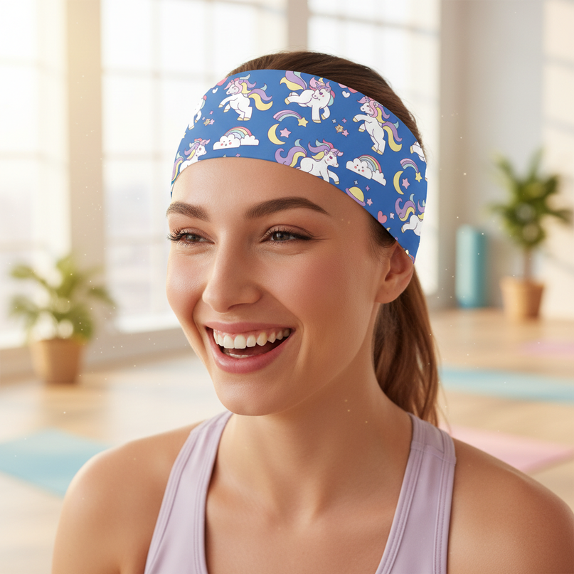 blue unicorn workout headband - in-use