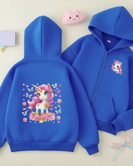 blue unicorn zip hoodie - flat-lay