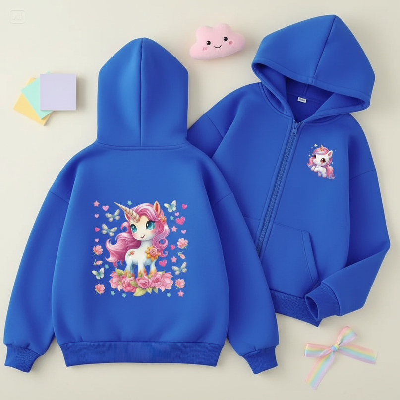 blue unicorn zip hoodie - flat-lay