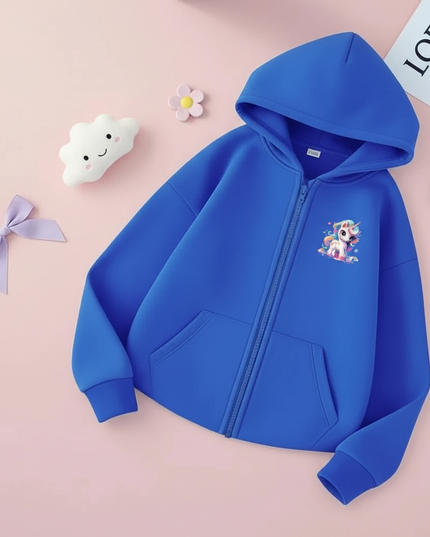 blue unicorn zip hoodie kids - flat-lay