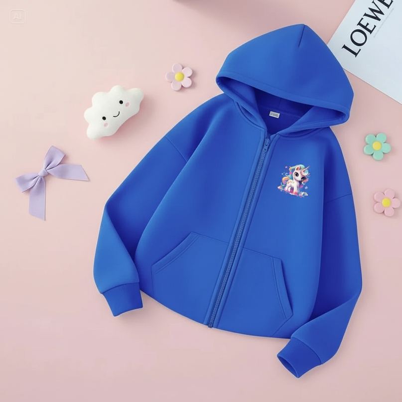 blue unicorn zip hoodie kids - flat-lay