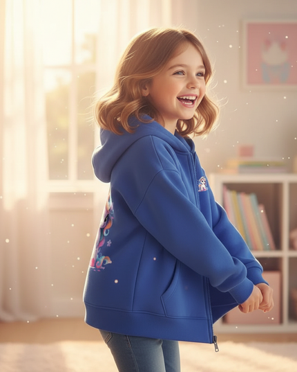 blue unicorn zip hoodie kids - in-use