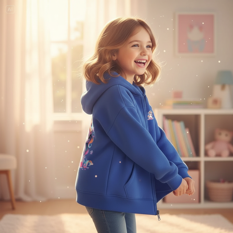 blue unicorn zip hoodie kids - in-use