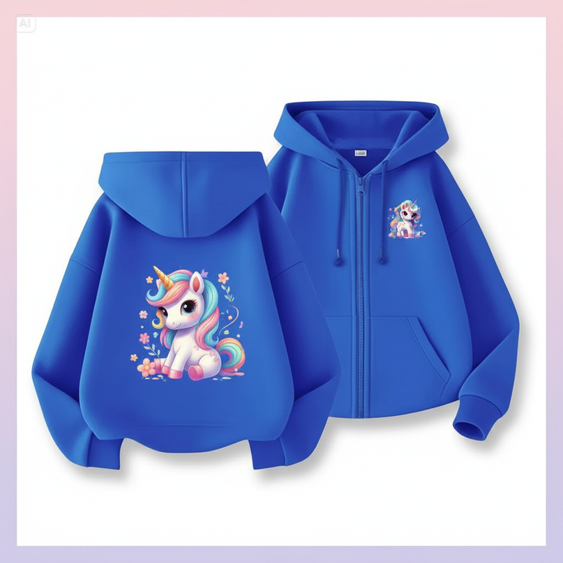 blue unicorn zip hoodie kids - white-bg